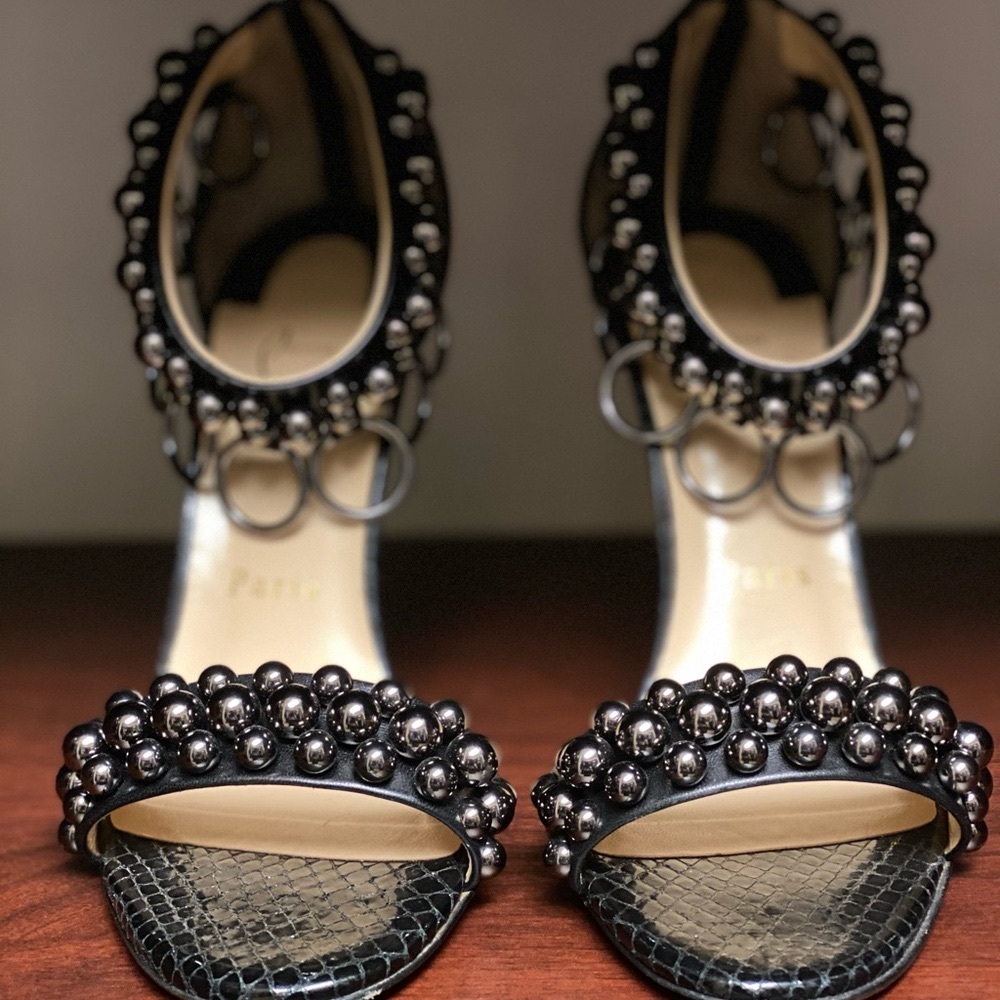 Christian Louboutin Ankle Strap Black Leather Sandals Size 37.5 (Fits like a 7)